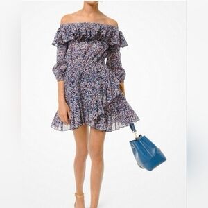 Michael Kors Ruffle Off The Shoulder Floral Mini Dress
